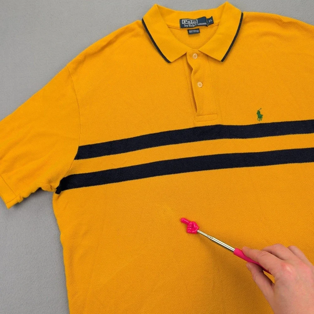 Polo Ralph Lauren Polo Shirt Mens XL Yellow Navy Stripe‎ Green Pony Pique Knit